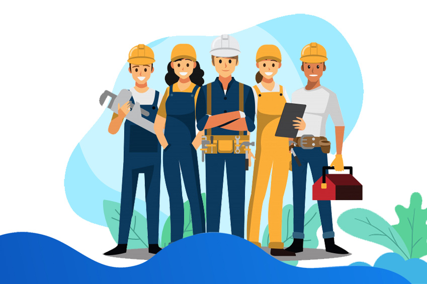 OurTeam A group of successful and satisfied businesspeople looking upwards smiling